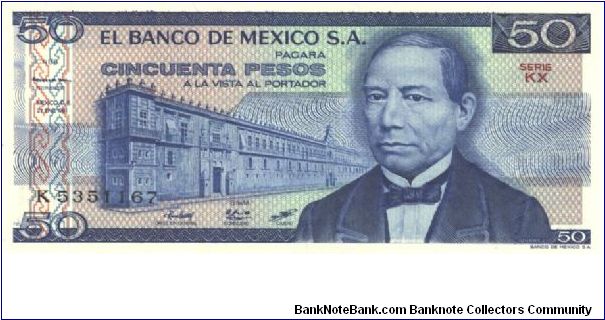 Blue on multicolour underprint. Government palace at left, B. Juarez at right. Like #65, 67 but with four signatures. Banknote
