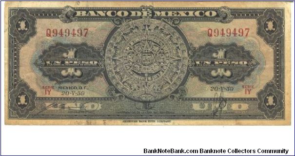 Black on multicolour underprint. Aztec calendar stone at center. Like #56 but with text: MEXICO D. F. added above date at lower left. Back red, independence monument at center. Banknote