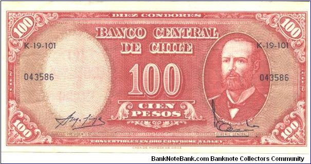Red. Portrait Arturo Prat at left. 3 signature varieties. Series C-K. Signature titles: PRESIDENTE & GERENTE GENERAL. Light and dark varieties. Watermark: D. Diego Portales. Printer: CdM-Chile Banknote