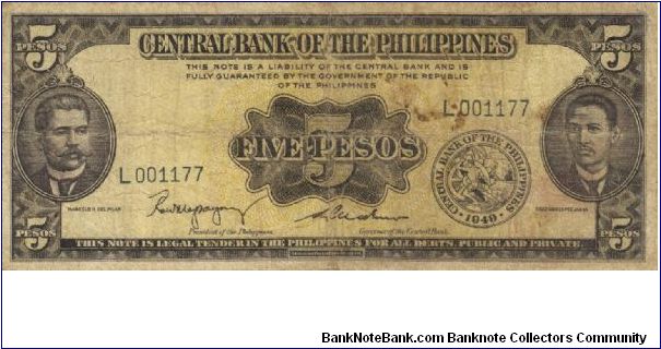 PI-135b English series 5 Peso note, prefix L. Banknote