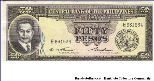 PI-138c English series 50 Pesos note, prefix E. Banknote