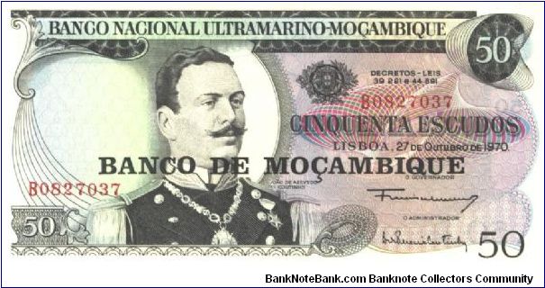 Overprint on #111.

Black on multicolour underprint. J. de Azevedo Coutinho at left center, arms at upper center right. Back Green; bank steamship seal at left. Watermerk: Arms Banknote