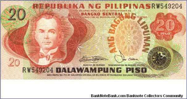 Philippine 20 Pesoe note in series, 1 of 2. Banknote