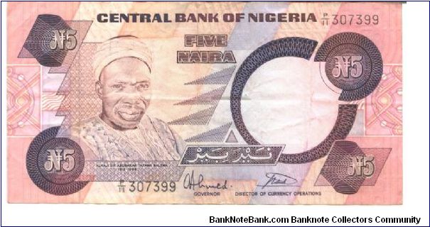 Purple and brown-violet on mulricolour underprint. Sir Abubakar Tatawa Balewa at left. Dancers at center right on back. Banknote