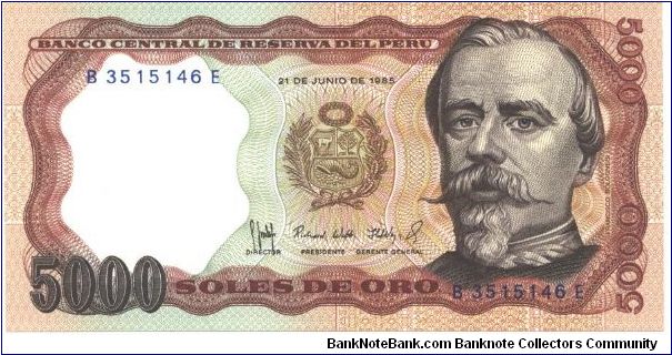 Brown and maroon on multicolour underprint. Arms at center, Col. Bolognesi at right and as watermark. Two miners in mine at left on back. Banknote