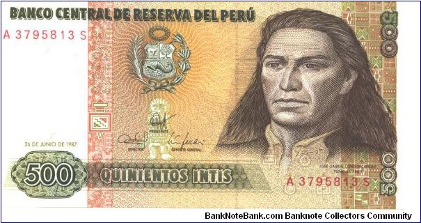 Deep brown-violet and olive-green on mulitcolour underprint. Jose Cabriel Condorcanqui Tupec. Amaru II at right. Mountains and climber at center on back. Printer: BDDK Banknote