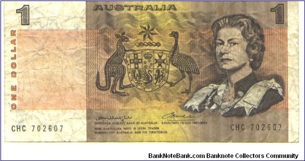 Like #37

Signature J. G. and F. Wheeler (1974)

Dark brown on orange and multicolour underprint. Arms at center, Queen Elizabeth II at right. Stylized aboriginal figures and animals on back. Banknote