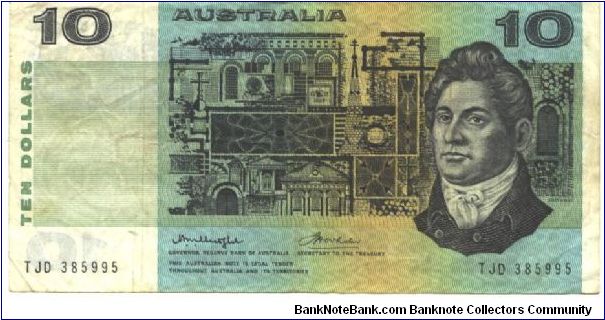 Like #40

Signature J. G. Phillips and F. H. Wheeler (1972)

Black on blue, ornage and multicolour underprint. Francis Greenway at right, village scene at center. Henry Lawson and Building on back. Banknote
