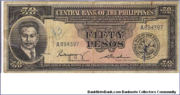 PI-138 English Series 50 Pesos note with signature group 2, prefix A. Banknote