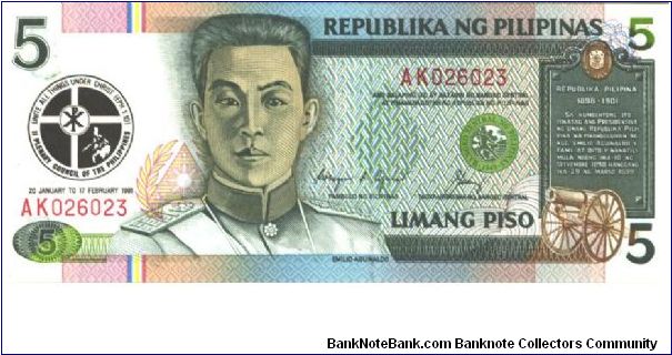 Like #168 but with black commemorative design and date in watermark area.

Deep green and brown on multicolour underrpint. Aguinaldo at left center and as watermark, plaque with cannon at rigth Aguinaldo's Independence Declaration of June 12, 1898 on back.

Red serial #. 

Signature 12. Banknote