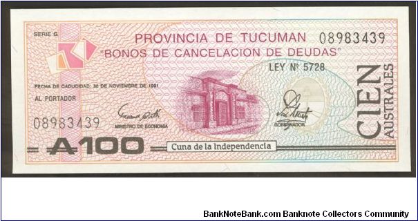 Argentina Tucuman 100 Australes 1989 S2715. Banknote
