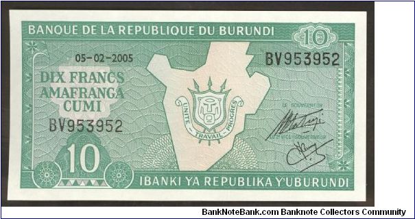 Burundi 10 Francs 2005 P33. Banknote