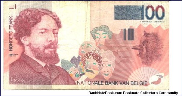 Red-violet and black on multicolour underprint. James Ensor at left and as watermark, masks at lower center and at right. Beach scene at left on back. Signature (5 and 15) and (6 and 16). Banknote