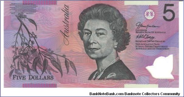 Like # 50 but with orienation bands in upper and lower margins.

Black, red and blue on multicolour underprint. Branch at left, Queen Elizabeth II at center right. Back black on lilac and multicolour underprint, the old and new Parliament Houses in Canberra at center, gum flower OVD at lower right. Banknote