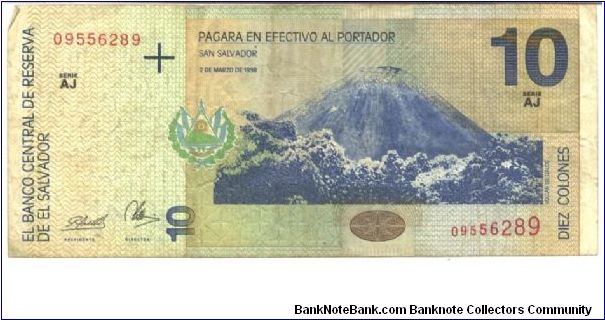 Dark blue-violet, brown and deep blue-green on multicolour umderprint. Izalco volcano at center right. Banknote