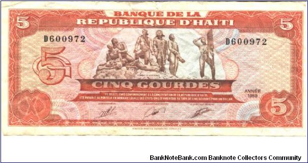 Like #246

Legal clause includes refence to the United States.

Orange and brown on multicolour underprint. Statue of Combat de Vertieres at upper center. Watermark: Palm Tree. Printer: G&D Banknote