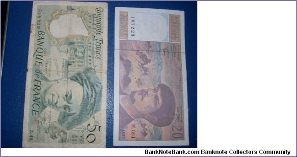 BANKNOTES: 20 FRANCS 1997- UNC AND 50 FRANCS 1987 - XF FROM FRANCE. Banknote