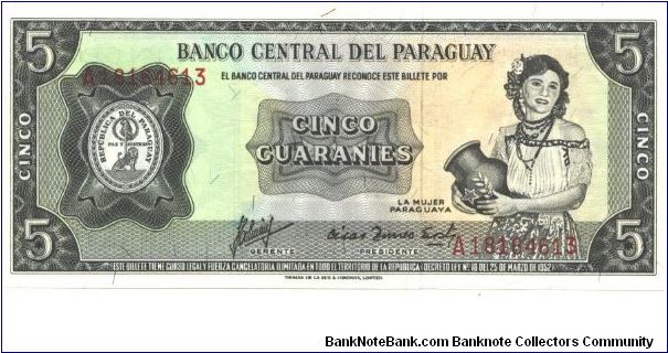 Like #194

Black on multiclour underprint. Girl holding jug at right, red serial # at upper left and lower right. Hotel Guarani on back. Two signature varieties. Banknote