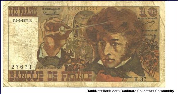 Red, brown and olive. Hector Berlioz at right, conducting in the Chapelle des Invalides, Berlioz at right, musical instrument at right and Rome's Villa Medici on back.

Signature H. Morant, G. Bouchet and P. Vergnes. 23.11.1972-03.10.1974 Banknote