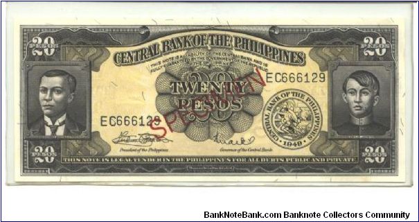 Black on yellow underprint. Portrait A. Bonifacio at left, E. Jacinto at right. Back brownish orange, flag and monument.

Signature 8: F. Marcos, G. Licaros as SPECIMEN Banknote
