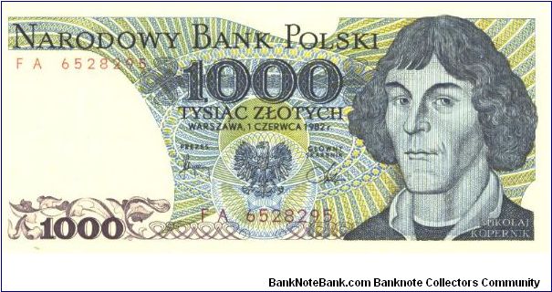 Blue on olive-green and multicolour underprint. Copernicus at right. Atomic symbols on back. Banknote