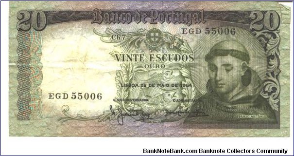 Olive-green and purple on multicolour underprint. Santo Antonio of Padua at right and as watermark. Church of Snato Antonio de Lisboa at left on back. Seven signature varieties.

Olive- brown underpint at left and right. Banknote