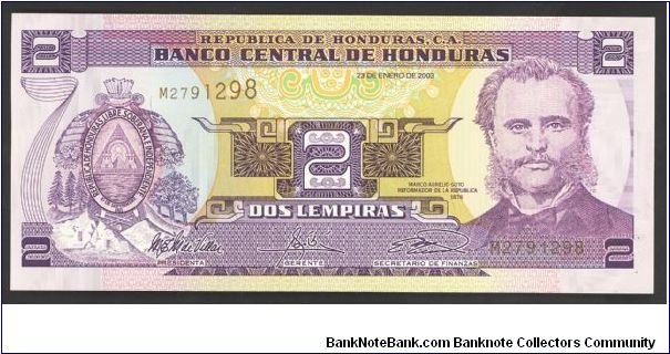 Honduras 2 Lempiras 2003 80a. Banknote