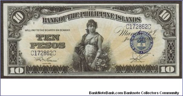 p14 1920 10 Peso Bank of the Philippine Islands Banknote