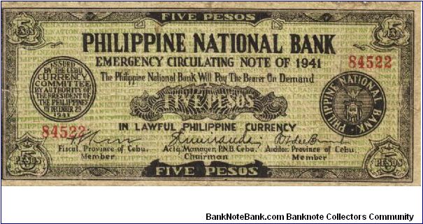 S-216 Cebu 5 Pesos note. I will sell or trade this note for either Philippine or Japan occupation notes I need. Banknote