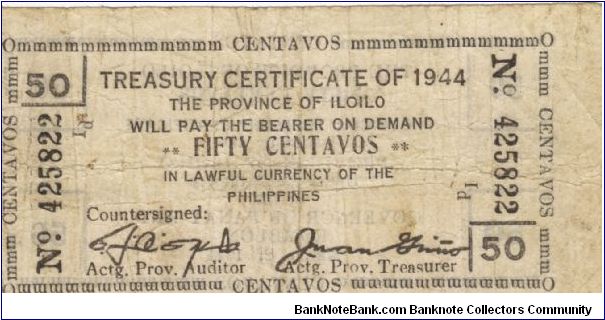 S-335 Iloilo 50 Centavos Treasury Certificate. I will sell or trade this note for Philippine or Japan occupation notes I need. Banknote