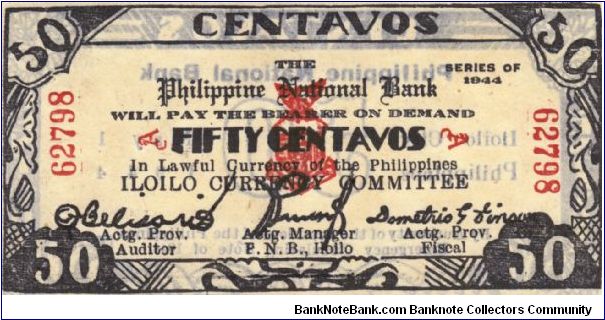 S-338 Iloilo 50 Centavos note. I will sell or trade this note for Philippine or Japan occupation notes I need. Banknote