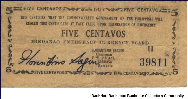 S-491 Mindanao 5 Centavos note. HARD TO FIND IN THIS CONDITION. I will sell or trade this note for Philippine or Japan occupation notes I need. Banknote