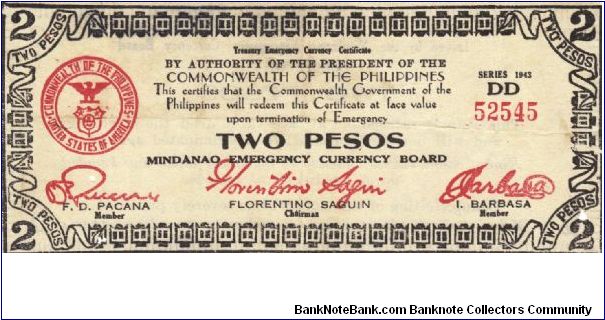 S-496 Mindanao 2 Pesos note. I will sell or trade this note for Philippine or Japan occupation notes I need. Banknote