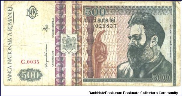 Dull deep green, reddish brown and violet on multicolour underprint. Square topped shield at left center, sculptures at center. Constantin Brancusi at right. Sculptures at left center on back. Banknote