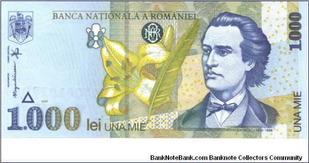 Blue-violet, dasrk green and olive-brown on mulitcolour underprint. Mihai Eminescu at right and as watermark, lily flower and quill pen at center. Lime and blue flower at left center, ruins of ancient fort of Histria at center on back. Banknote
