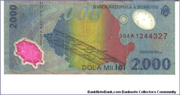 Blue on multiclour underprint. Imaginative reproduction of the Solar System at right, with the mention of the event. The map of Romania having the colour of the national flag, (blue, yellow, and red) marking the area where the phenomenon of the solar eclipse was total at cent on the back. Polmer plastic. Banknote