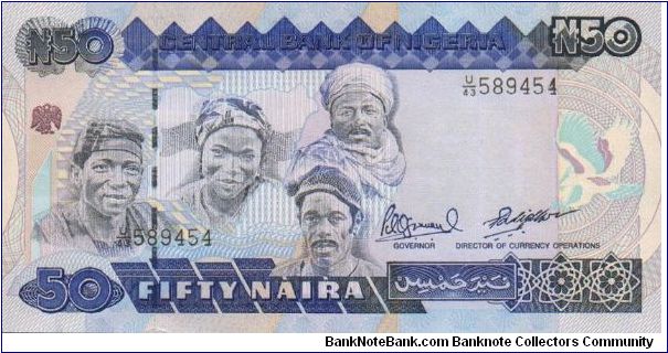 50 Naira;  Men working in field on back Banknote