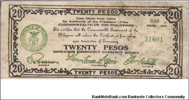 S-528d Mindanao 20 Pesos note. I will sell or trade this note for Philippine or japan occupation notes I need. Banknote