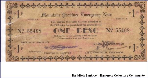 S-601 Mountain Province 1 Peso note. I will sell or trade this note for Philippine or Japan occupation notes I need. Banknote