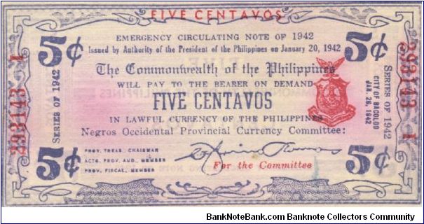 S-641 Negros Occidential 5 Centavos note. I will sell or trade this note for Philippine or Japan occupation notes I need. Banknote