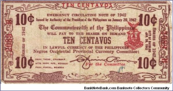 S-643b Negros Occidential 10 Centavos note. I will sell or trade this note for Philippine or Japan occupation notes I need. Banknote
