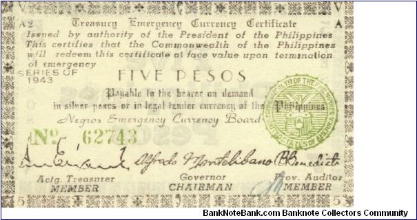 S-662 Negros Occidential 5 Pesos note. I will sell or trade this note for Philippine or Japan occupation notes I need. Banknote