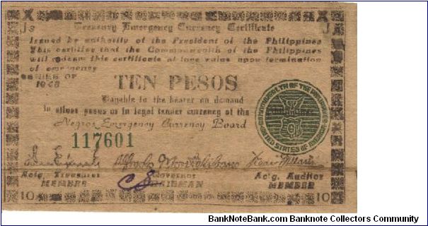 S-677a Negros 10 Pesos note. I will sell or trade this note for Philippine or Japan occupation notes I need. Banknote