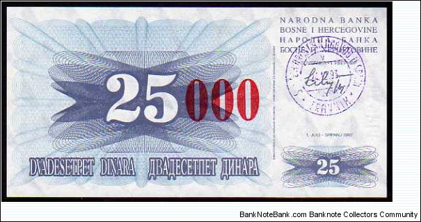 25'000 Dinara__
Pk 54d__

Ovpt on 25 Dinara
- Red -__

24-12-1993
 Banknote