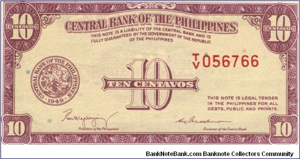 PI-128 Central Bank of the Philippines 10 Centavos note. I will sell or trade this note for Philippine or Japan occupation notes I need. Banknote