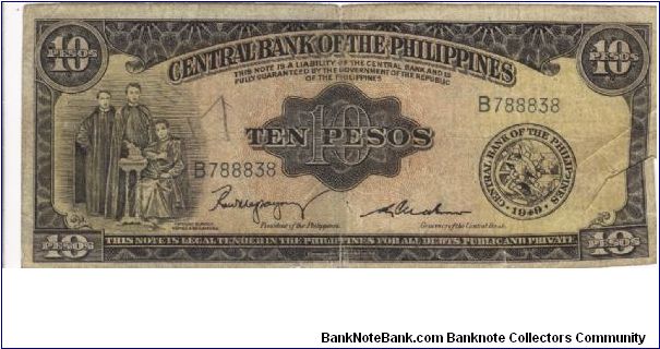 PI-136b Central Bank of the Philippines 10 Pesos note. I will sell or trade this note for Philippine or Japan occupation notes I need. Banknote