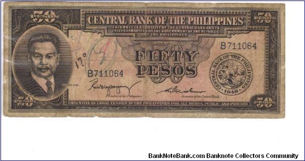 PI-138b Central Bank of the Philippines 50 Pesos note. I will sell or trade this note for Philippine or Japan occupation notes I need. Banknote