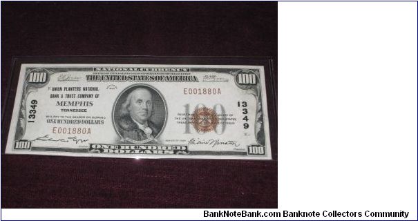 $100 bill from Memphis, Tn. bank.  From my grandpa, mint condition. (FR 1804 type 1) Banknote