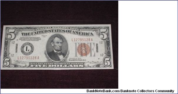 1934 $5 Hawaii silver certificate. Gem. (FR 2301) Banknote