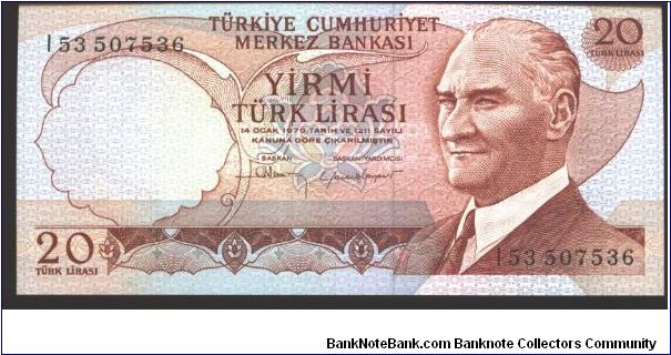 Orange-brown on multicolour underprint. Back dull brown on pale green underprint, mausoleum of Ataturk in Ankara at center on back. Banknote